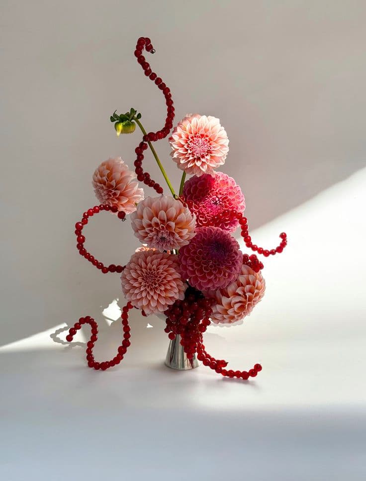 Blush and burgundy dahlia arrangement with a beaded garland, in a small vase